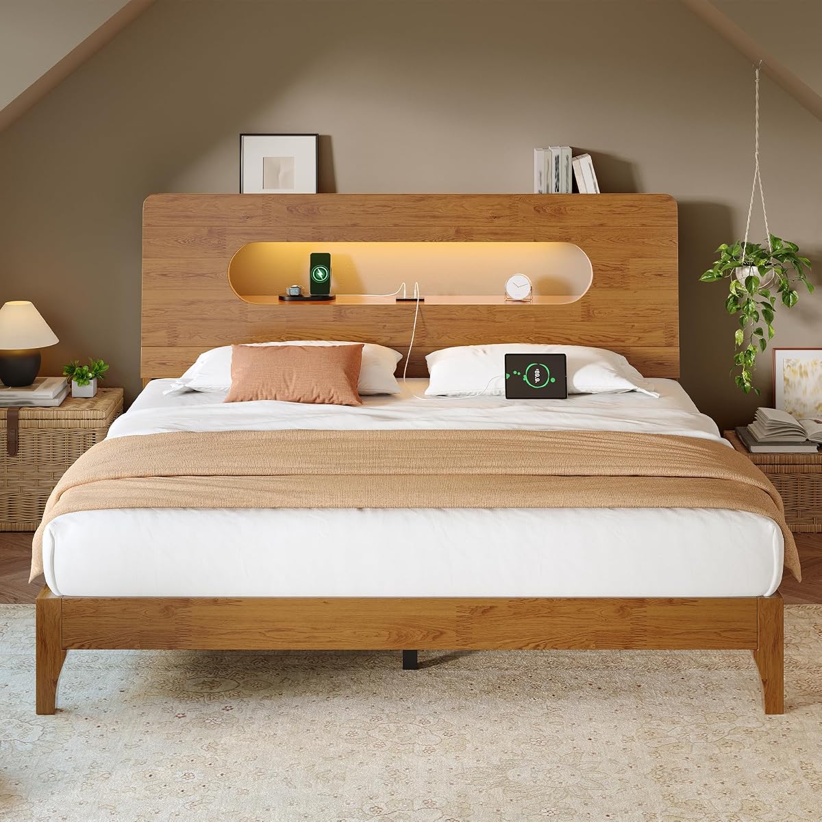 Queen Size Solid Wood Bed Frame with Storage Headboard,Brown