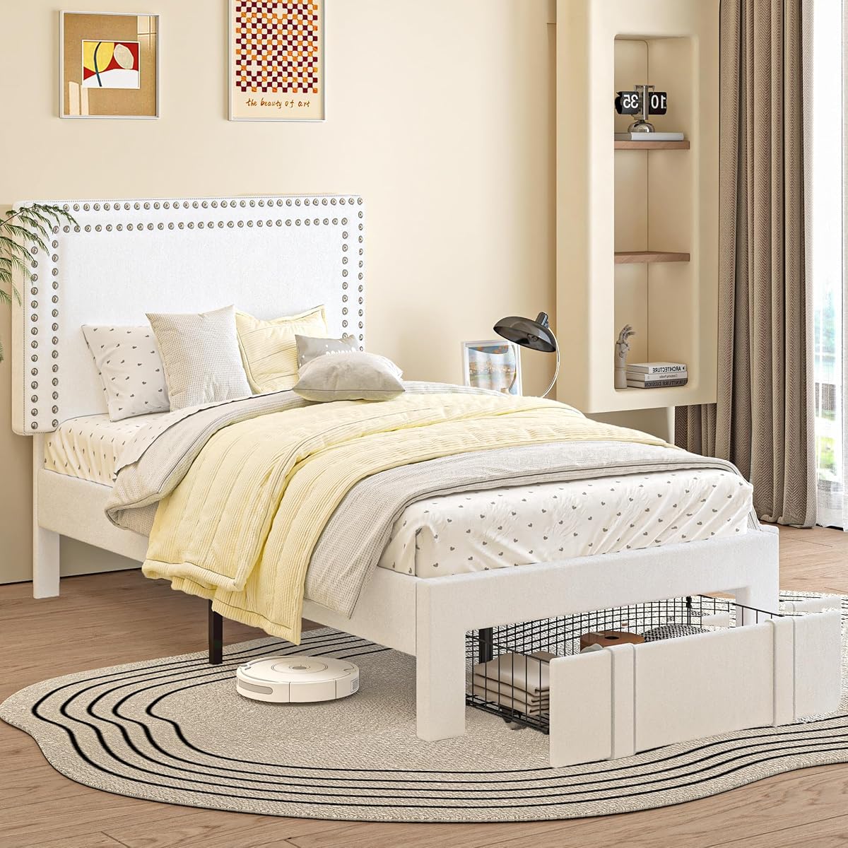 Twin Size Upholstered Bed Frame with Storage Drawer