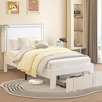 Twin Size Upholstered Bed Frame with Storage Drawer