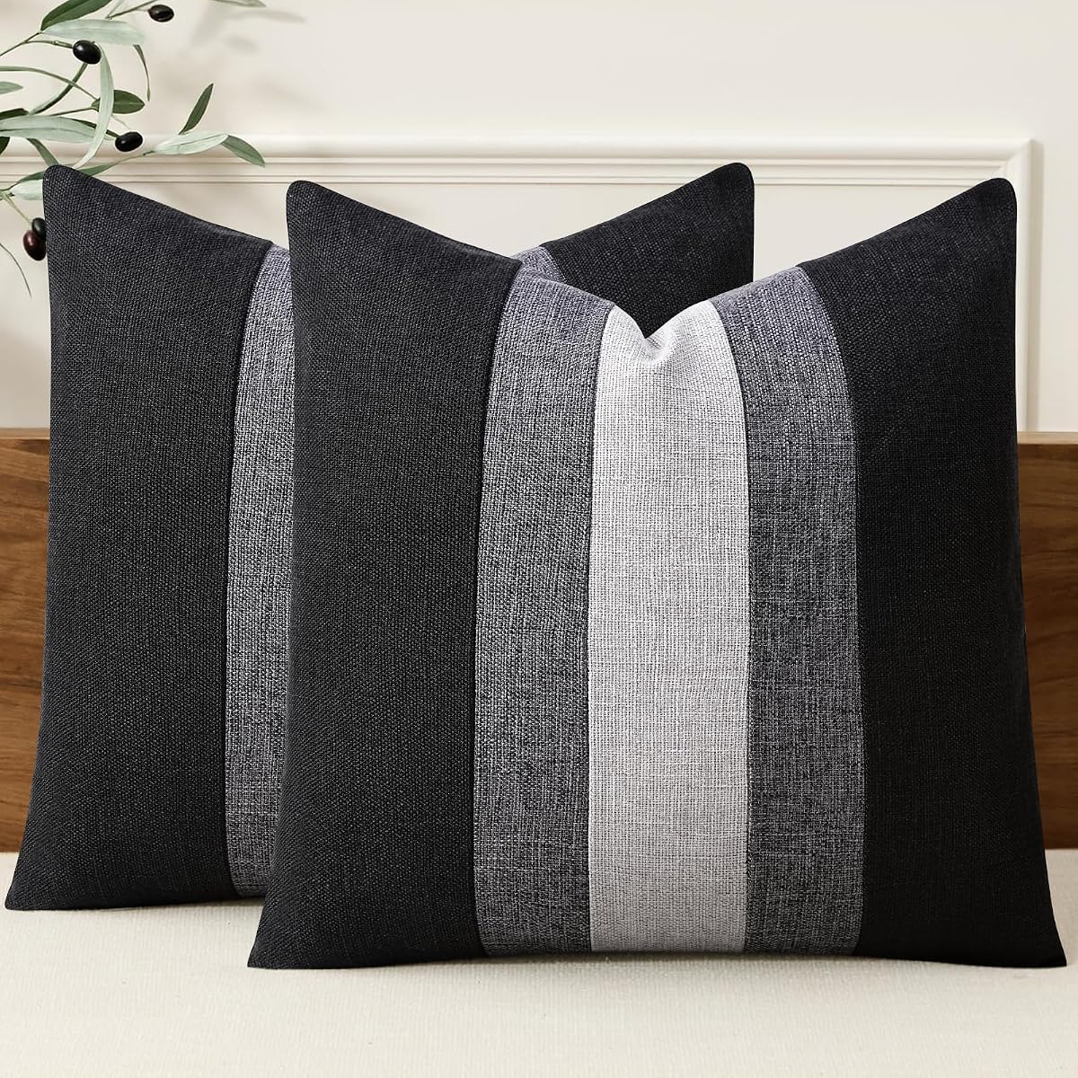 Linen Patchwork Pillow Covers 18x18 Set of 2 Farmhouse Decor