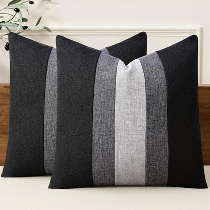 Linen Patchwork Pillow Covers 18x18 Set of 2 Farmhouse Decor