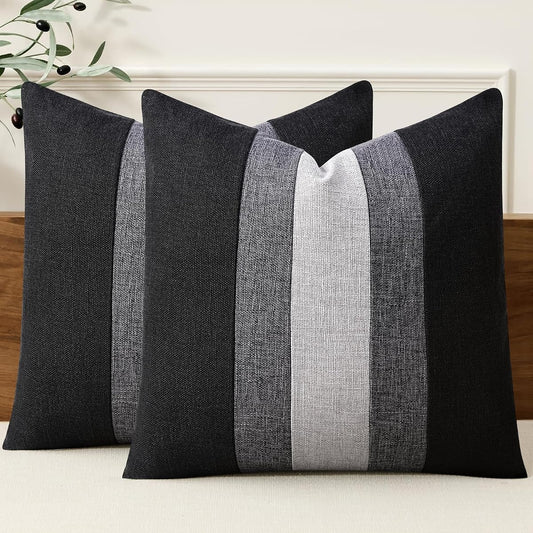 Linen Patchwork Pillow Covers 18x18 Set of 2 Farmhouse Decor