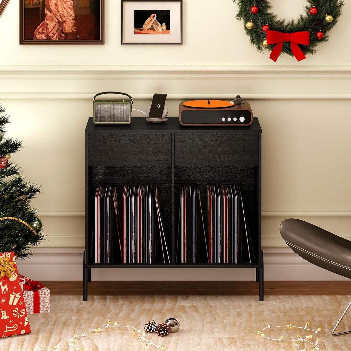 Large Record Player Stand with Charging Station, Mid Century Wood Turntable Stand with 2 Storage Drawers & Compartments, Vinyl Record Storage for Living Room (Black)