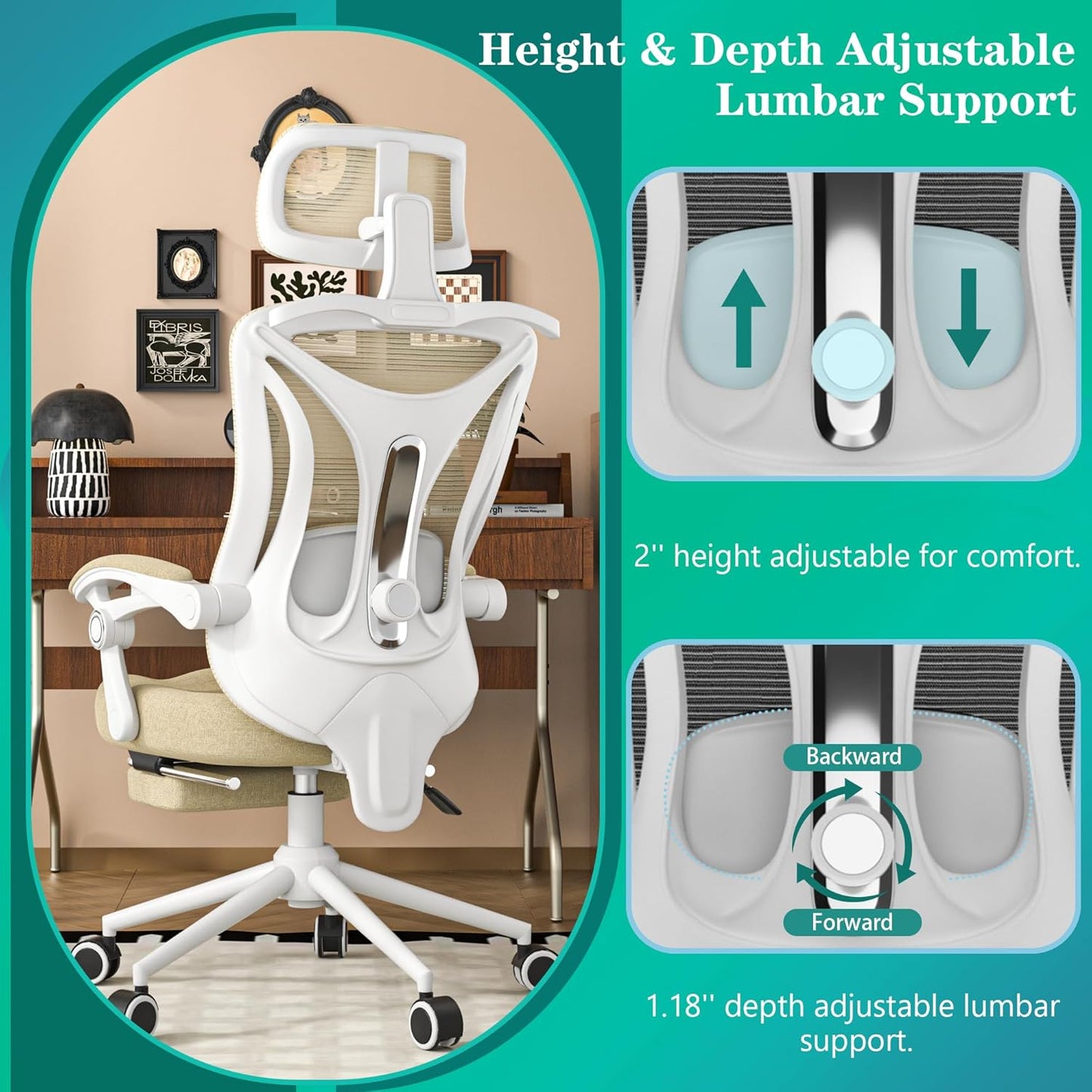 Ergonomic Office Chair - Adjustable Lumbar & Headrest, 90-160° Reclining with Footrest, Breathable Mesh Back - Home Office/Gaming Computer Chair (Beige, 300Lbs Capacity)