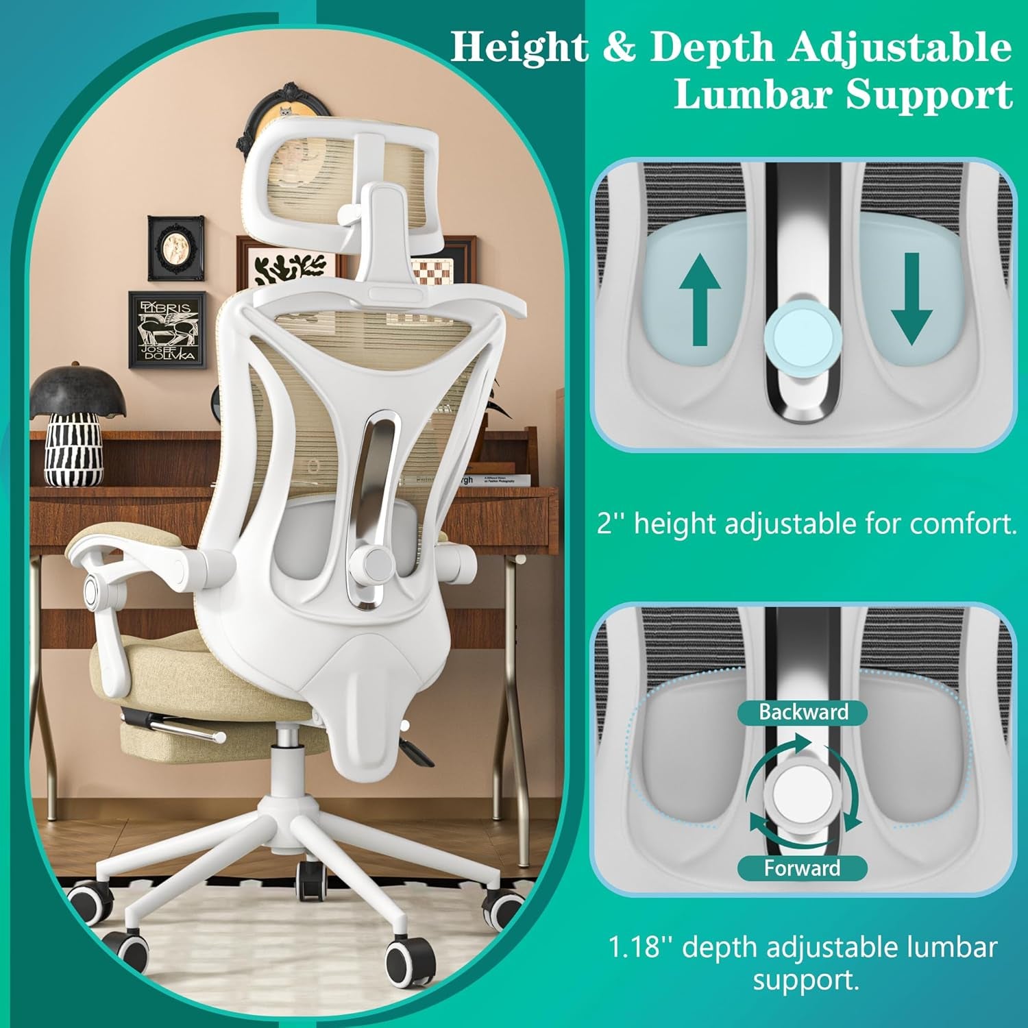 Ergonomic Office Chair - Adjustable Lumbar & Headrest, 90-160° Reclining with Footrest, Breathable Mesh Back - Home Office/Gaming Computer Chair (Beige, 300Lbs Capacity)
