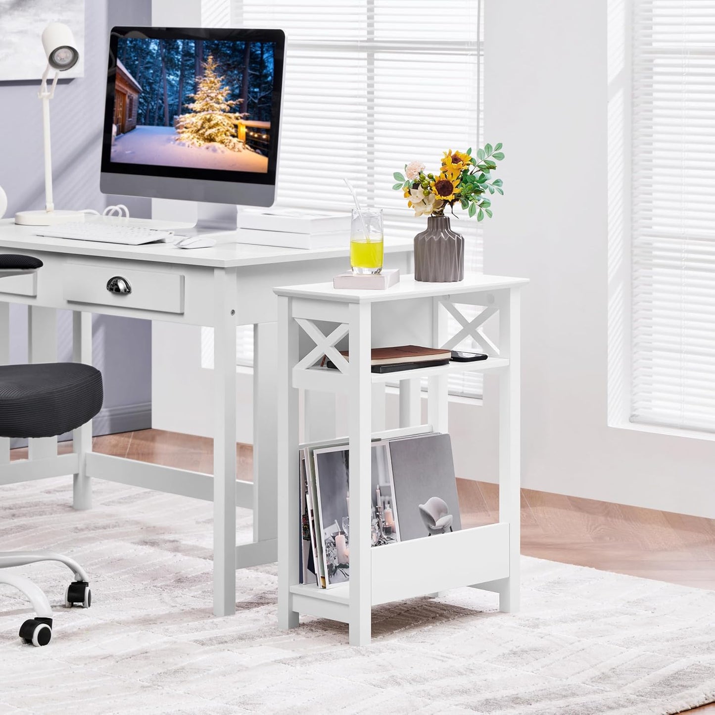 Small Side Table with Storage Shelf, 3-Tier Slim X Shaped End Table with Magazine Rack, Living Room Home Office Balcony Small Spaces, Effortless Assembly, White