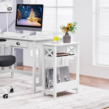Small Side Table with Storage Shelf, 3-Tier Slim X Shaped End Table with Magazine Rack, Living Room Home Office Balcony Small Spaces, Effortless Assembly, White