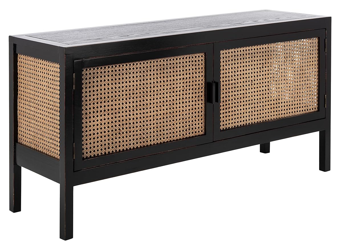 SAFAVIEH Karel TV Stand for up to 55" Flatscreen – Coastal Black & Light Natural, 2 Doors, Fully Assembled Entertainment Media Console (MED2100A)