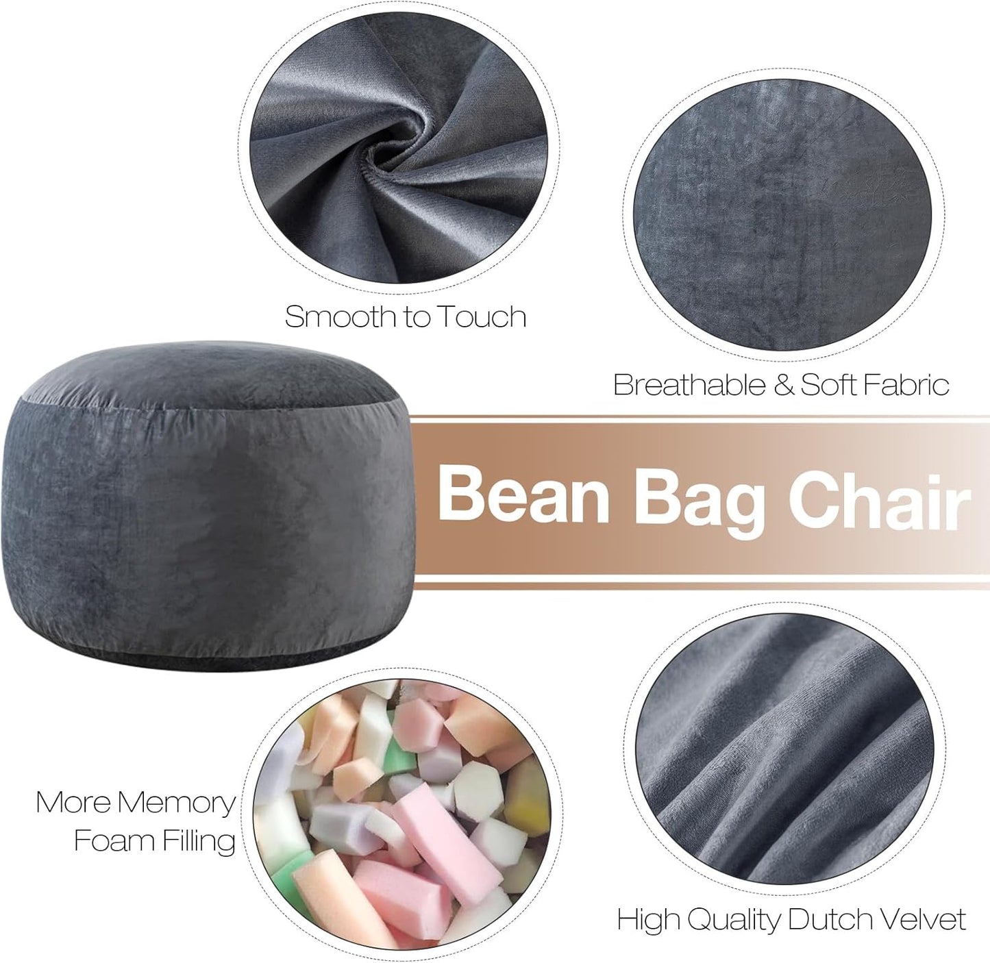 3 Ft Large Bean Bag Chairs for Adults/Teens with Memory Foam Filling, Comfy Bean Bag Sofa with Filler Included, Soft Dutch Velvet Fabric Beanbags,3 Foot, Grey