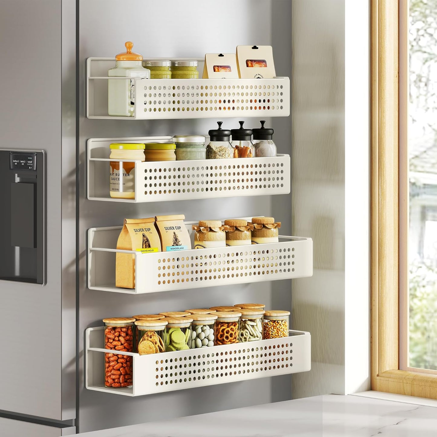 Magnetic Spice Rack for Refrigerator, Set of 4, 2 Large and 2 Small Kichen Magnetic Shelves for Microwave, Washing Machine, Spice Organizers, No Drilling Needed, Ink Black UKCS061B01