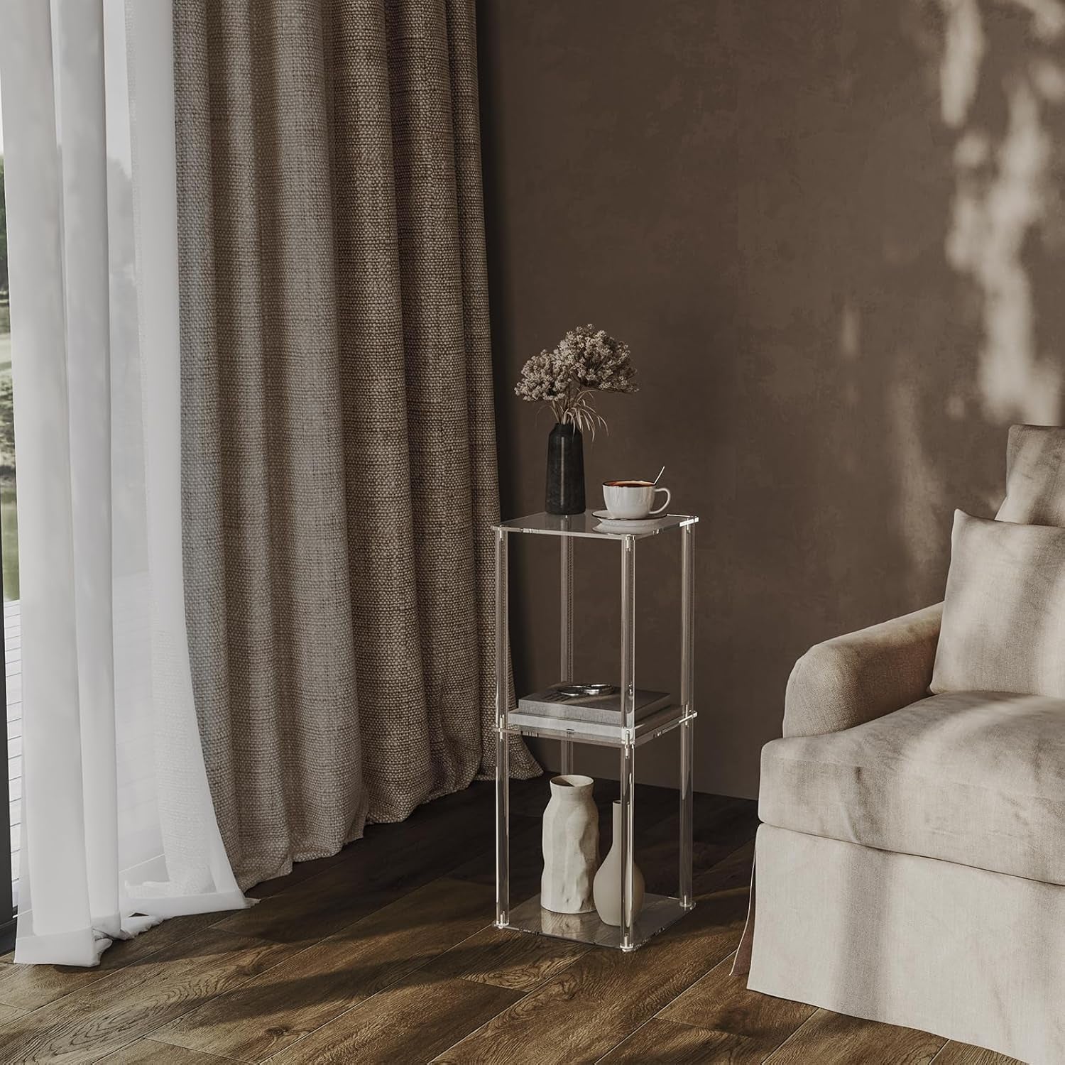 Acrylic Drink Table for Small Spaces, 10" Square, Clear Small Side Table/End Table for Living Room, Sofa, Easy Assembly, Modern, 26" H