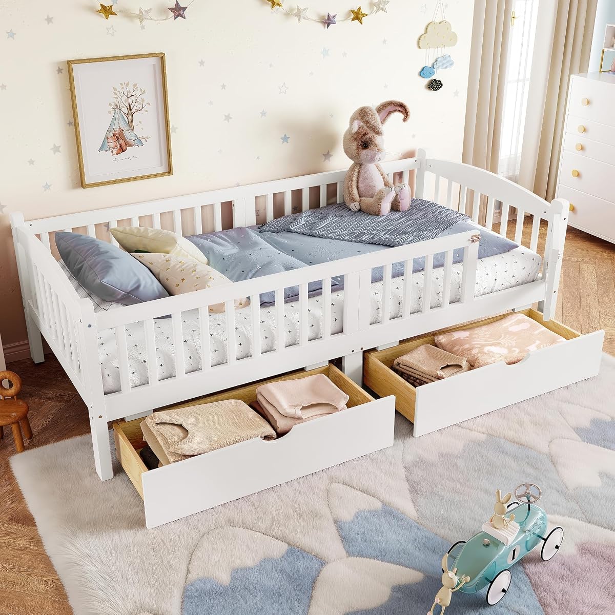 JIVOIT Twin XL Platform Bed with Full-Length Guardrails, Low Platform Bed with Two Drawers, Wood Slats Support, Cute & Childlike Headboard Design, No Box Spring Needed (White,Twin XL,6)