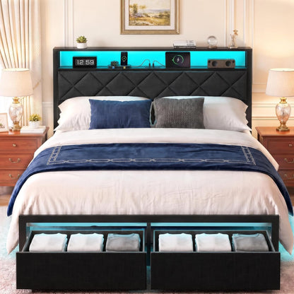 Full Bed Frame with LED Lights, Charging Station & 2 Storage Drawers