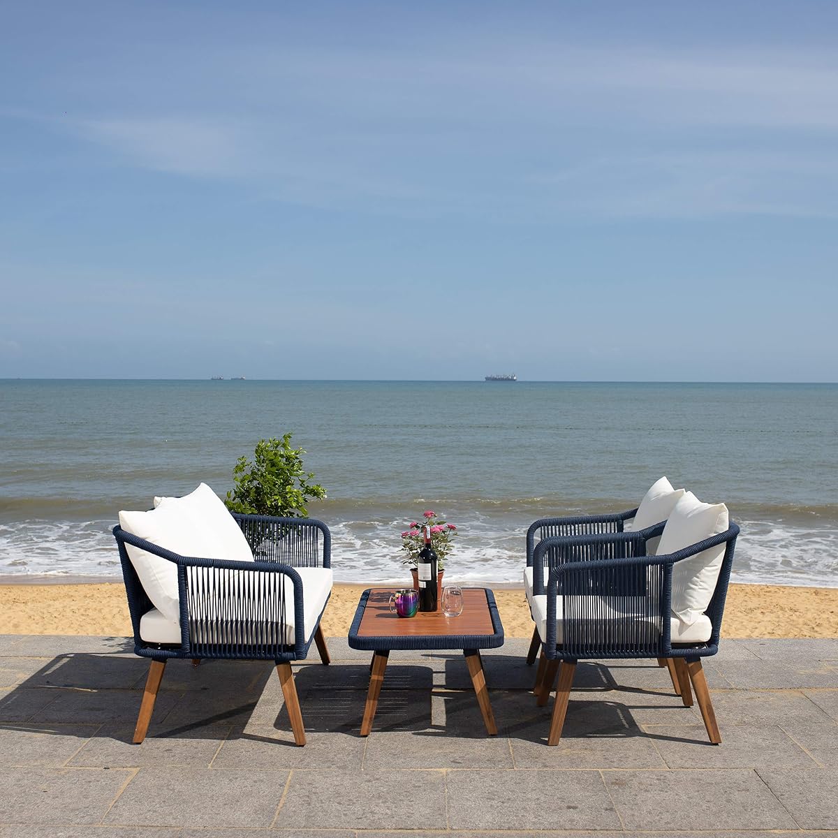 SAFAVIEH Outdoor - Raldin Navy Rope 4-Piece Patio Set, Eucalyptus Wood Conversation Set with Beige Cushions, Outdoor Sofa, Chairs & Coffee Table (PAT7049E)