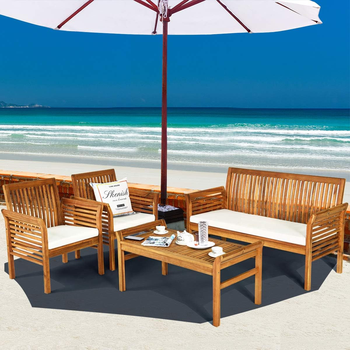 4 Piece Outdoor Acacia Wood Sofa Set with Water Resistant Cushions, Padded Patio Conversation Table Chair Set W/Coffee Table for Garden, Backyard, Poolside (1)