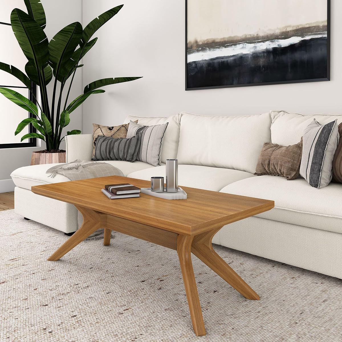 Cross Leg Rectangular Coffee Table, 48 Inch Wood Coffee Table for Living Room, Modern Center Table, Cocktail Table, Pecan