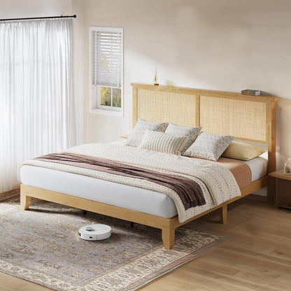 Wooden Rattan King Bed Frame with Headboard & LED Lights & Metal Slats