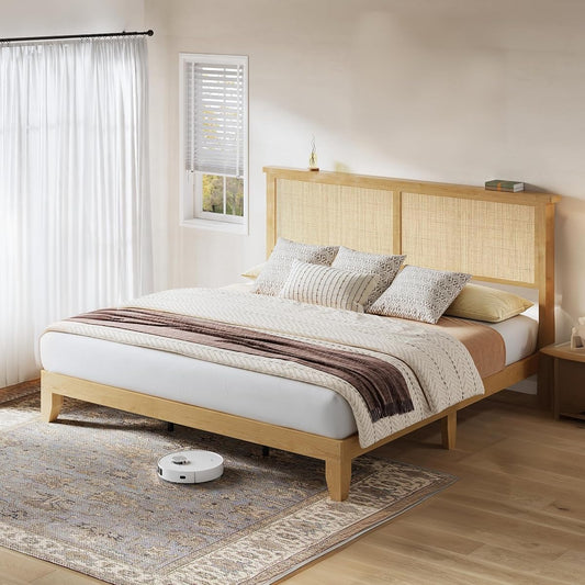 Wooden Rattan King Bed Frame with Headboard & LED Lights & Metal Slats