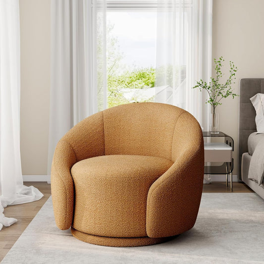 Swivel Barrel Accent Chair, 360° Small Round Sofa Chair, Comfy Modern Reading Armchair for Living Room Bedroom (Boucle Rusted Orange, Set of 1)