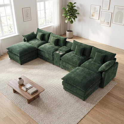 145" Oversized Modular Sectional Sofa U Shaped Cloud Couch Modern 6 Seat Sofa Set for Living Room Comfy Chenille Deep Seat with Storage Central Console, Movable Ottomans, Cup Holders, USB Ports, Green