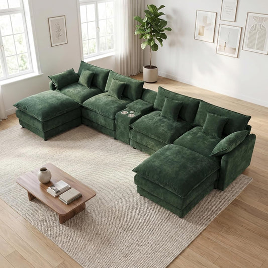 145" Oversized Modular Sectional Sofa U Shaped Cloud Couch Modern 6 Seat Sofa Set for Living Room Comfy Chenille Deep Seat with Storage Central Console, Movable Ottomans, Cup Holders, USB Ports, Green