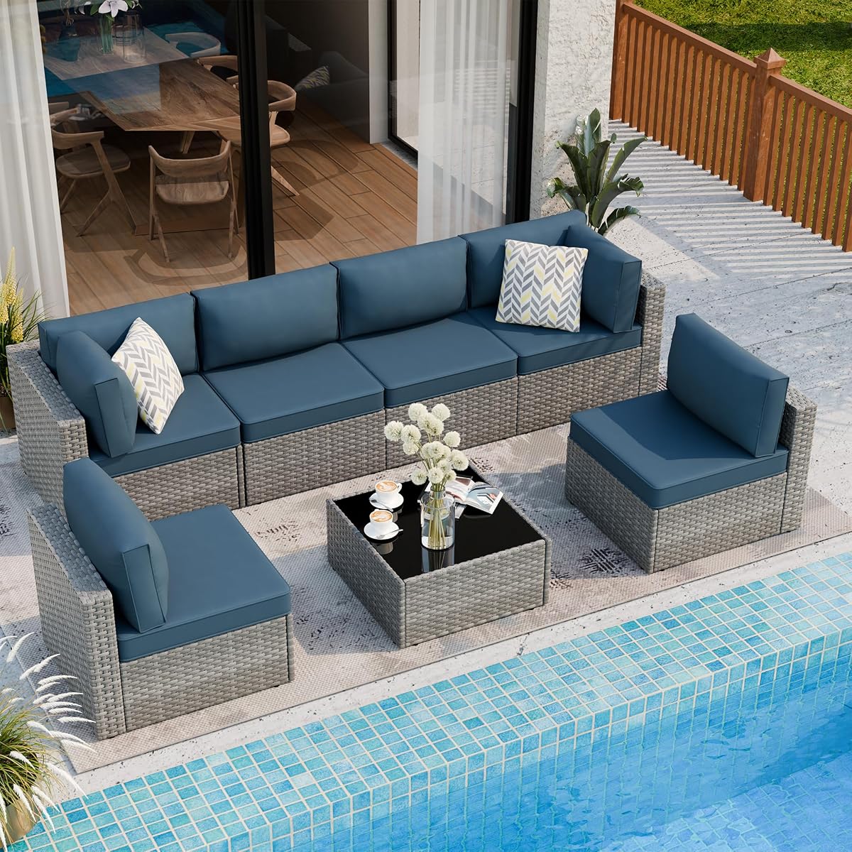 7 Piece Outdoor Patio Furniture Set,Silver PE Rattan Wicker Sectional Sofa, All Weather Conversation Set with Washable Cushions & Glass Coffee Table for Backyard Poolside Garden Porch,Navy Blue