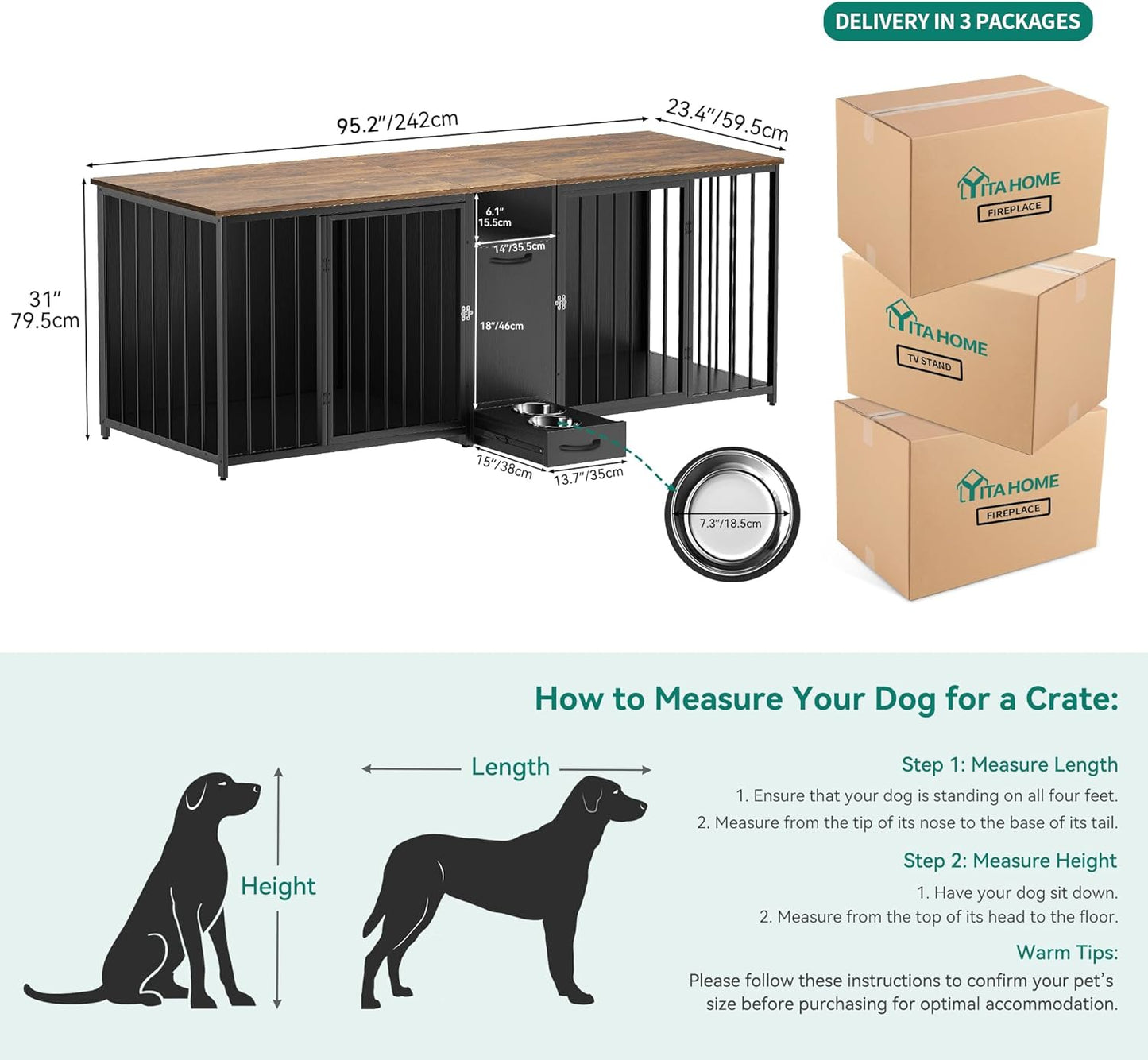 Double Dog Crate Furniture 94.5 Inch with Feeder Bowls, Large Breed Dog Kennel with Divider and Storage Drawer, Heavy Duty Dog House TV Stand Indoor for 2 Large/Medium Dogs, Black