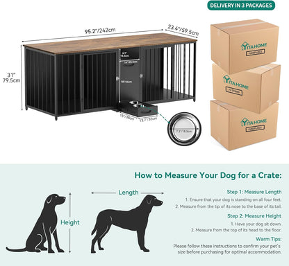94.5" Large Dog Crate Furniture with Feeder Bowls, Heavy Duty Dog Kennel with Room Divider and Drawer, Wooden Dog House TV Stand Table Indoor for 2 Large/Medium Dogs, Brown