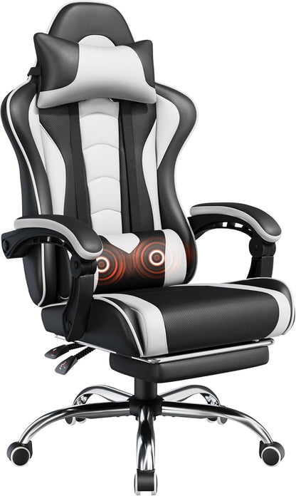 Gaming Chair, Video Game Chair with Massage Lumbar Support and Footrest Height Adjustable Ergonomic Computer Gaming Chair with Swivel Seat and Headrest, Black/White