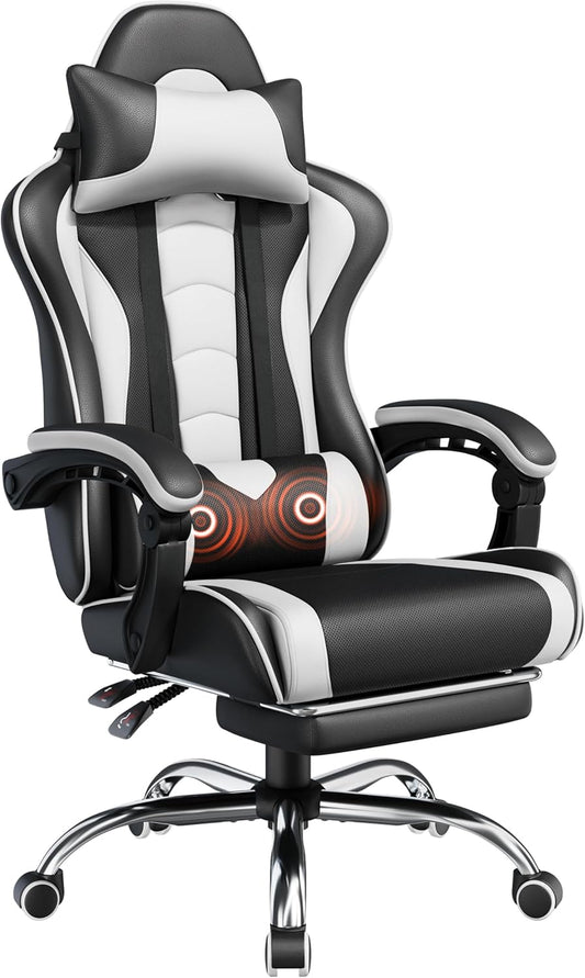 Gaming Chair, Video Game Chair with Massage Lumbar Support and Footrest Height Adjustable Ergonomic Computer Gaming Chair with Swivel Seat and Headrest, Black/White