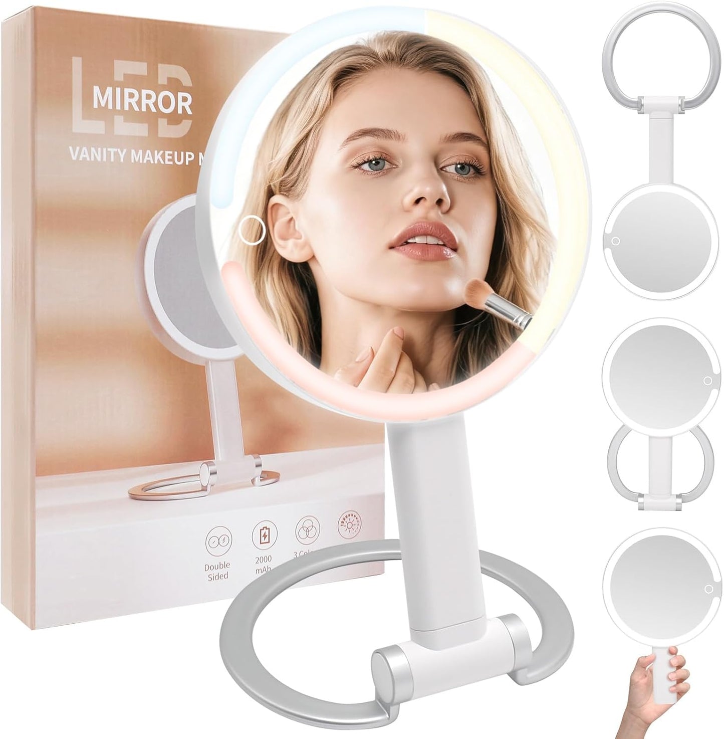 Magnifying Mirror with Light, Makeup Mirror with Lights and Adjustable Brightness, Hanging and Handheld Mirror with Handle, Travel Portable Lighted Makeup Mirror, 360°Rotation, Memory Function 1X/10X