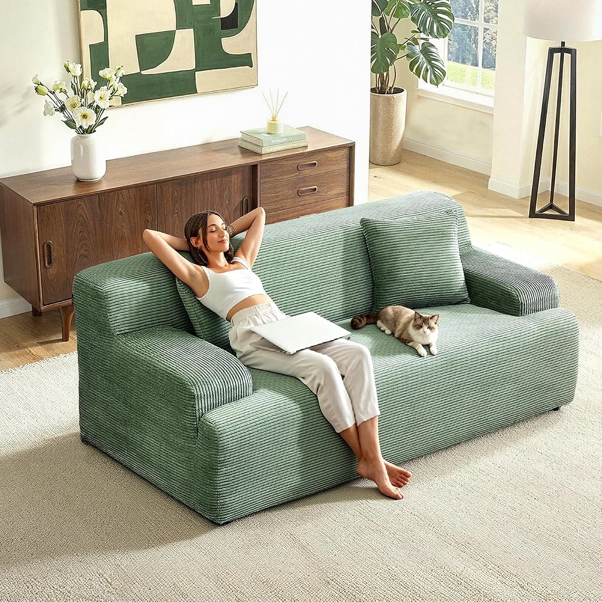 72" W Boneless Loveseat Sofa, Cloud Corduroy Couch in a Box, Compressed Deep Seat Sofa with 10.6" Wide Curved Armrests, Easy Assembly Required for Living Room, Apartments & Office, Green