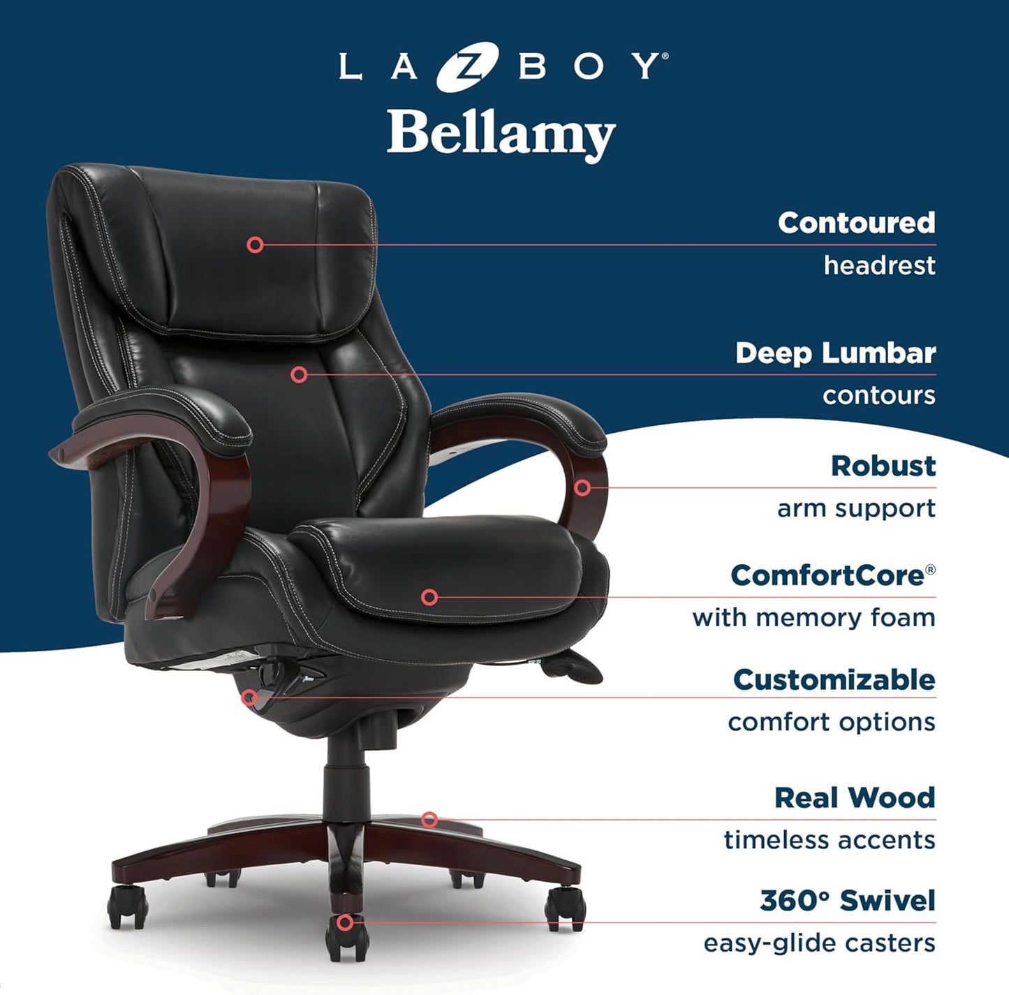 ® Bellamy Executive Office Chair with Memory Foam Cushions, Real Wood Arms and Swivel Base, Waterfall Seat Edge, Faux Bonded Leather, Black
