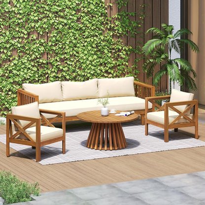 Outdoor 4-Piece Acacia Wood Conversation Set - Patio 3-Seat Loveseat Sofa Daybed with Cushion, 2 Armchair and Round Coffee Table for Backyard, Lawn, Balcony, Teak + Beige