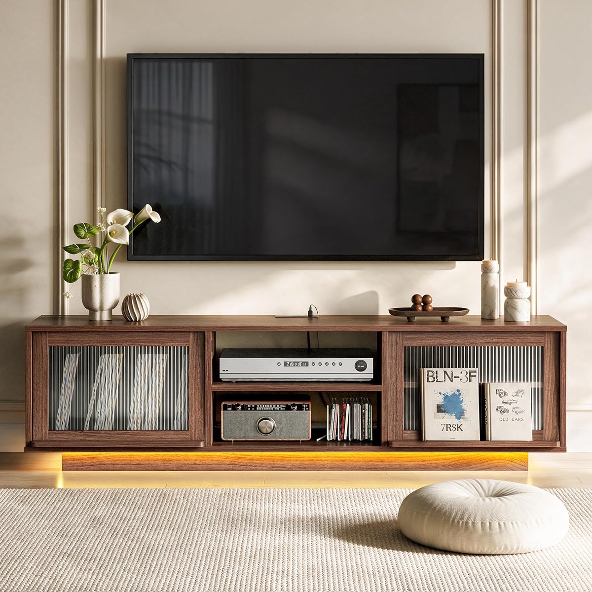 70 Inch TV Stand with Storage for Living Room, Walnut