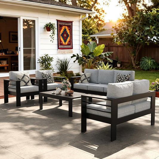 Outdoor Aluminum Furniture Set, 5 Pieces Patio Sectional Conversation Chat Sofa Modern Seating Set with Coffee Table