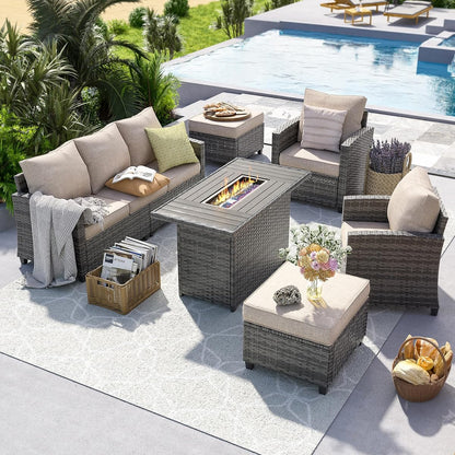 Patio Furniture Set with 44" Fire Pit Table, 6 Pieces Outdoor Sectional Conversation Sets, All-Weather Wicker Rattan Sofa Ottoman with 4" Thick Cushion for Garden Backyard Deck, Khaki