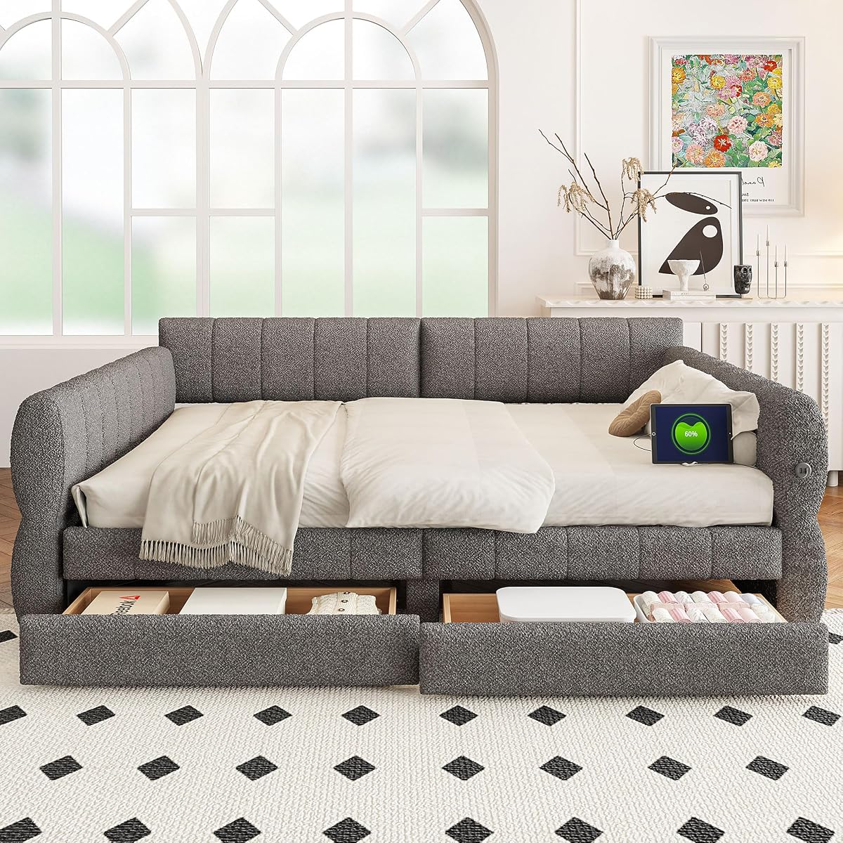 Queen Size Upholstered Daybed Sofa Bed with 2 Drawers, Lambswool Upholstered Platform Bed with USB for Bedroom Living Room Guest Room (Gray-@045)