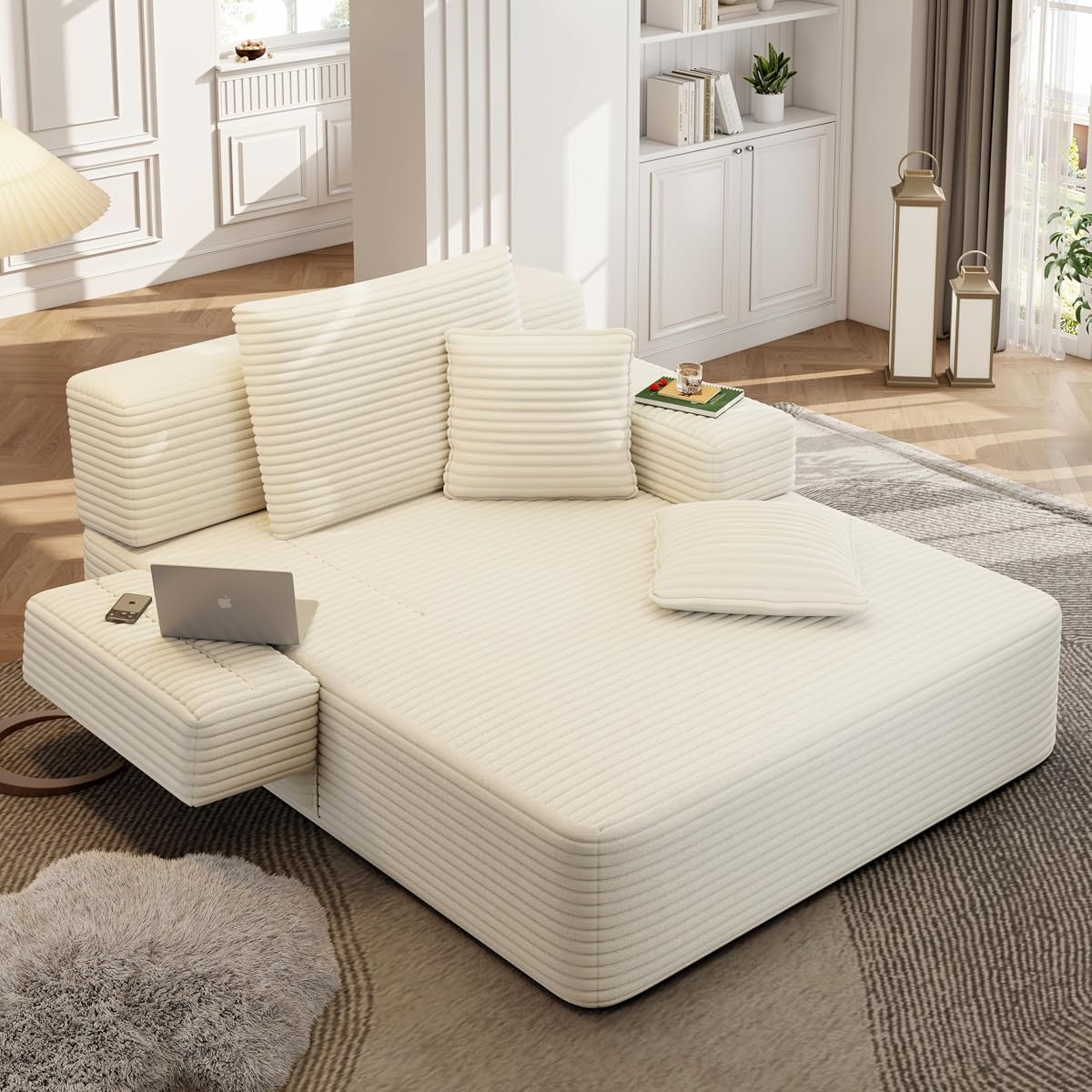 Boneless Beige Couch with Pillows and Armrests
