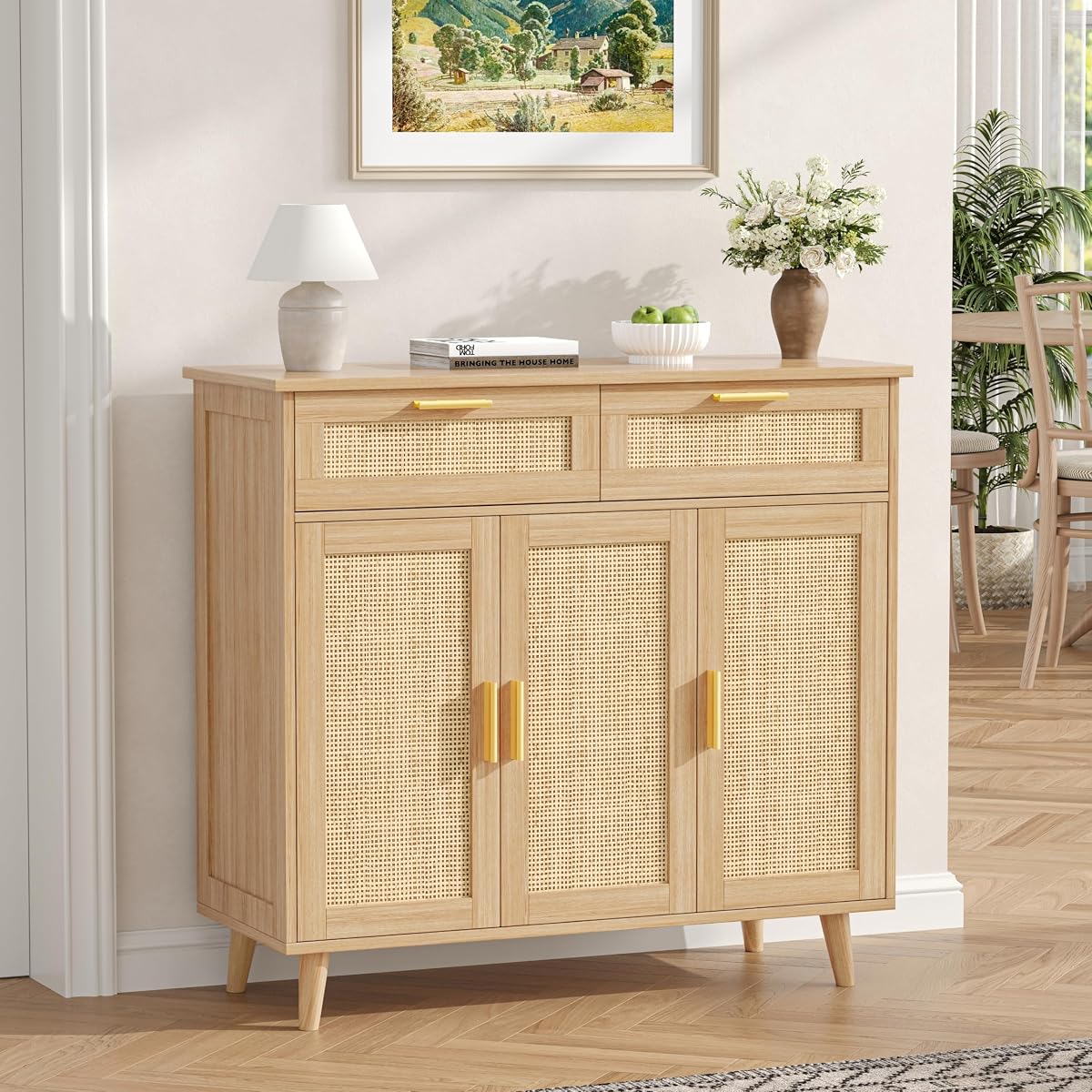 Rattan Sideboard Buffet Cabinet with Storage, 35.4" W Buffet Cabinet with 2 Drawers and 3 Doors, Sideboard Storage Cabinet with Adjustable Shelves for Kitchen, Living Room, Natural Oak
