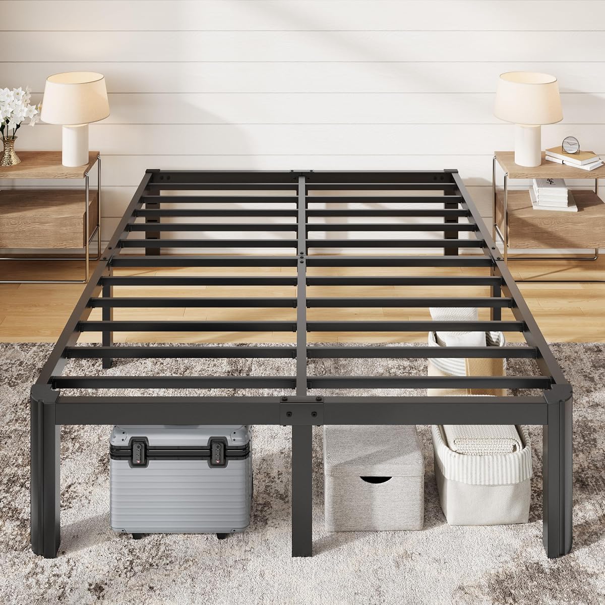 Metal Full Bed Frame, 14 Inch Tall with Rounded Corner, Black