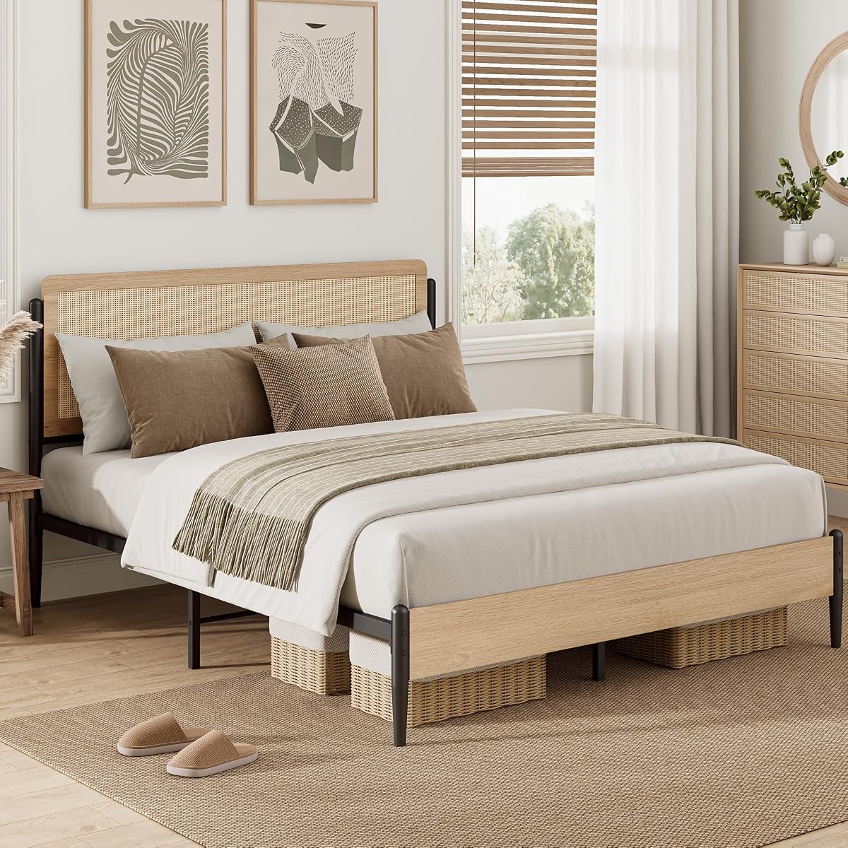 Natural Rattan Queen Bed Frame with Wooden Headboard