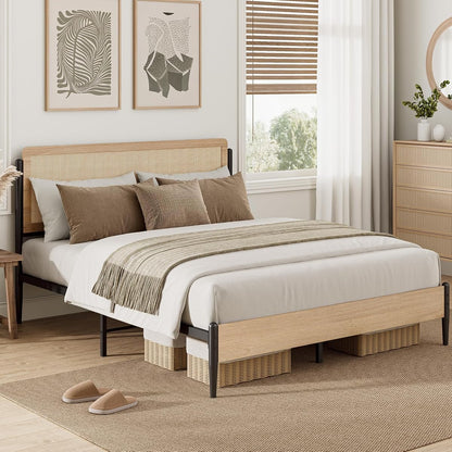 Natural Rattan Queen Bed Frame with Wooden Headboard