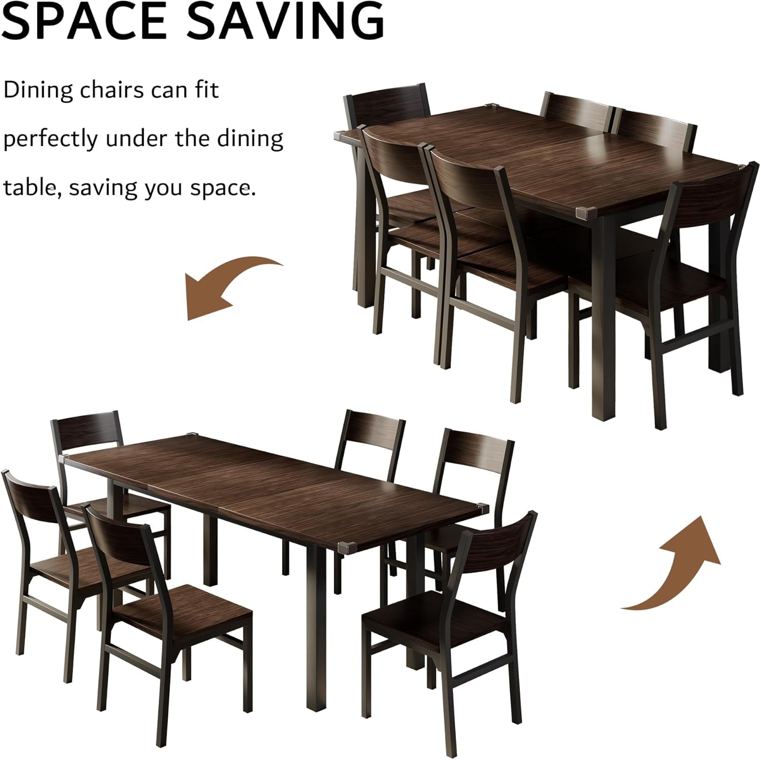 7 Pieces Dining Table & Chairs Set for 4-6, 63" Extendable Kitchen Table and 6 Chairs, Dining Room Table with MDF Board & Metal Frame, Perfect for Small Space, Easy Clean, Espresso