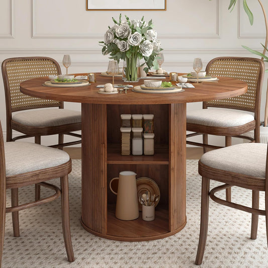 47 Inch round Dining Table for 4, Kitchen Table Dinner Table with 2-Layer Storage Shelf and Wood Slide Door for Home Dining Room Living Room (Walnut)