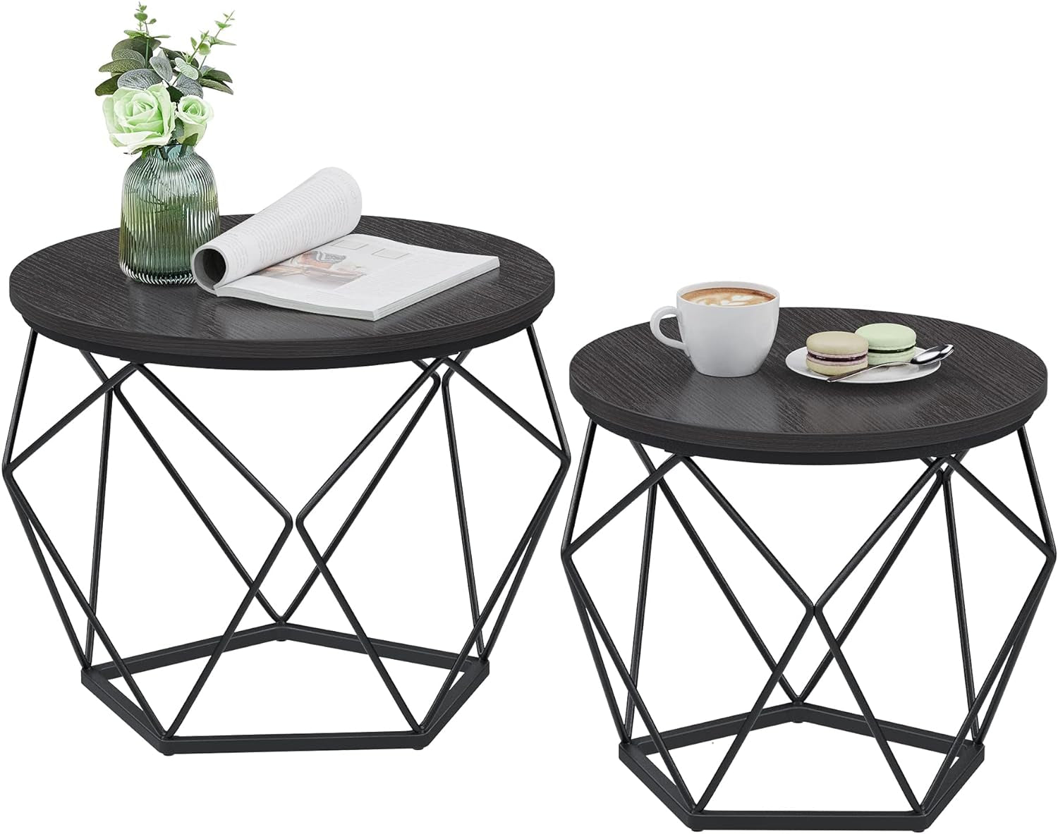 Small Coffee Table Set of 2, round Coffee Table with Steel Frame, Side End Table for Living Room, Bedroom, Office, Charcoal Gray and Ink Black