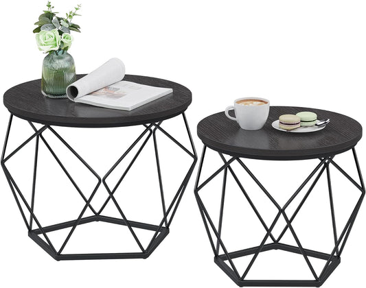 Small Coffee Table Set of 2, round Coffee Table with Steel Frame, Side End Table for Living Room, Bedroom, Office, Charcoal Gray and Ink Black