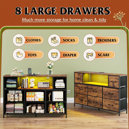 Dresser TV Stand for 45, 50, 55 Inch TV, Entertainment Center with LED Lights & Charging Station, Chest of Drawers with 8 Fabric Drawers and Open Shelves for Living Room, Hallway, Rustic Brown