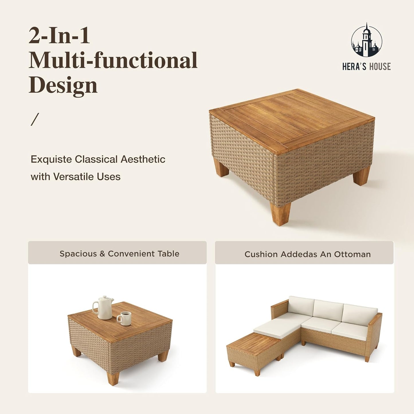 Small Patio Furniture Set, 3 Pieces Wicker Outdoor Sectional Sets,Yellow Rattan Conversation Set with Sofa and Coffee Table for Garden and Backyard, L Shape Boho Balcony Couch Sets