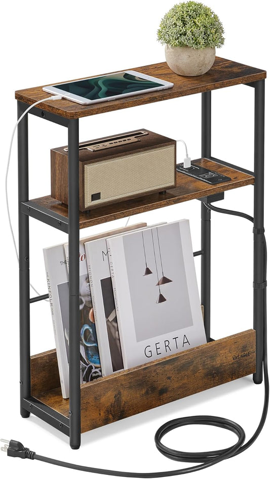 Side Table with Charging Station, Narrow End Table, 3-Tier Nightstand, Sofa Table for Small Spaces, Magazine Rack, for Living Room, Bedroom, Study, Rustic Brown and Ink Black ULET335K01